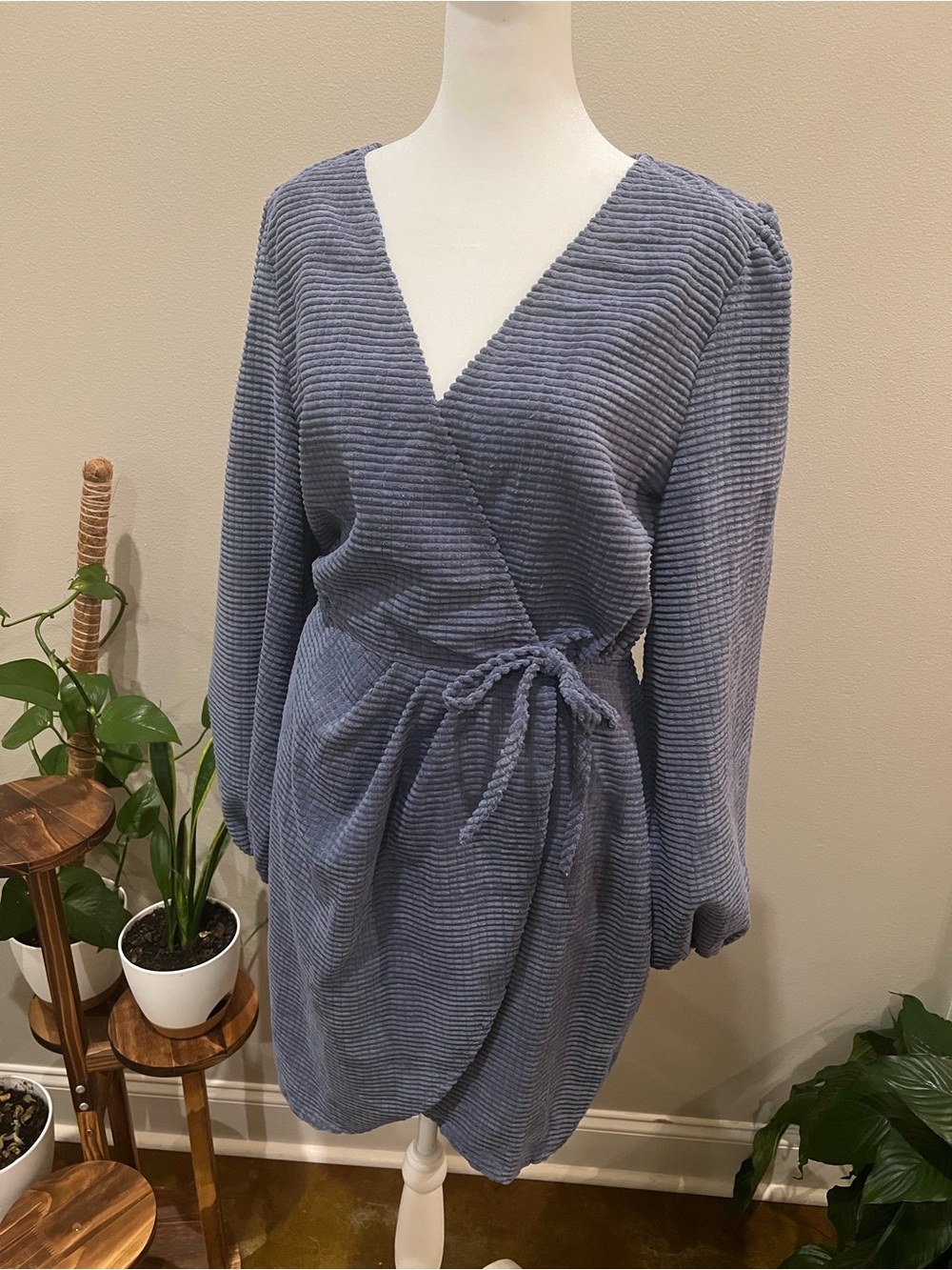 Simplee Apparel Slate Blue Ribbed Wrap Dress